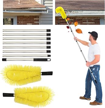 Gutter Cleaning Brush Extendable Guard Cleaner Tool with 8 Pcs Telescoping Handle Extension Pole 10ft, Gutter Cleaning Tools from The Ground for Easy Removing Leaves Debris Window Cleaner Yellow