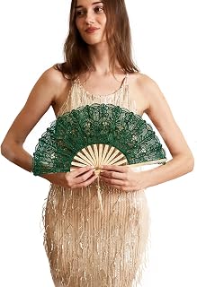 Happy Feather Lace Fan with Folding Handheld, Embroidered Flowers Pattern Hand Fans for Wedding Bridal Tea Dancing Party -Green