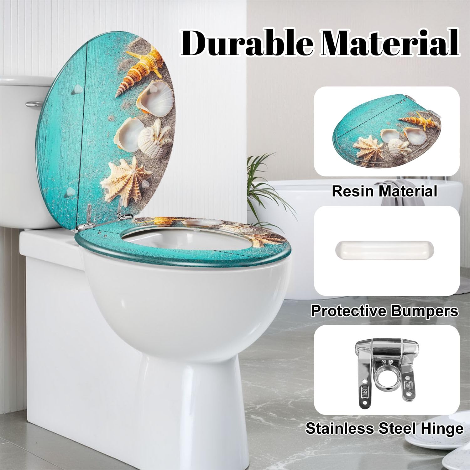 Asiento de inodoro redondo de resina de madera con cierre suave para baño.