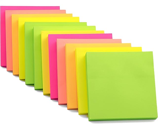 Evergreen Goods 12 Pads Post It Notes | Neon Coloured (Yellow, Pink, Orange, Green and Peach) | Removable Adhesive Sticky Reminders, Memos, Revision | 100 Sheets per Pad - 76x76mm (3"x3")