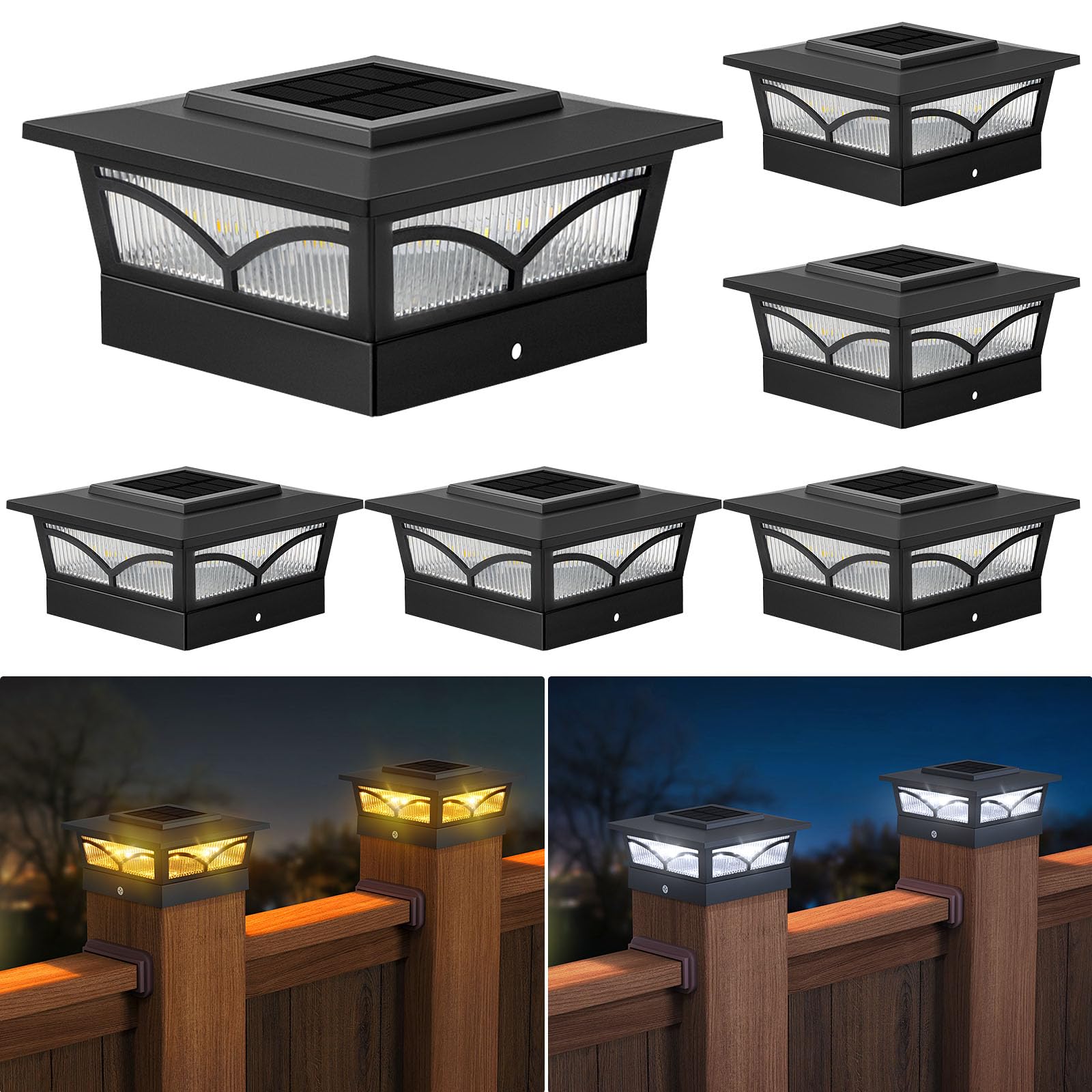APONUO Solar Post Caps Lights Outdoor 6 Pack, Warm White & Cool White, IP65 Waterproof Solar Post Lights Outdoor for 4x4 Wood & Vinyl, Auto On/Off Garden, Patio, Yard, Deck Decor, Black