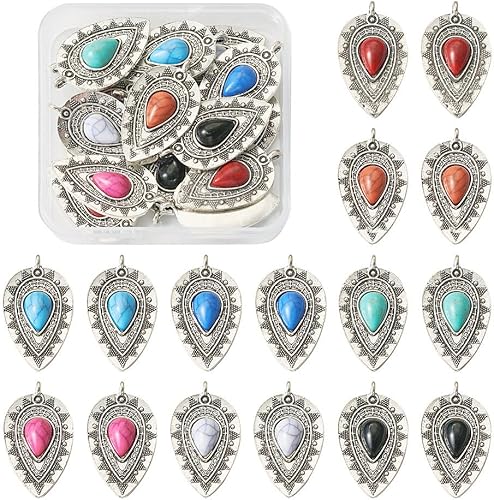 Pandahall - 16 dijes de lágrima de estilo tibetano, plata antigua, turquesa, colgantes de lágrima, joyería occidental, dijes para mujer, pulseras