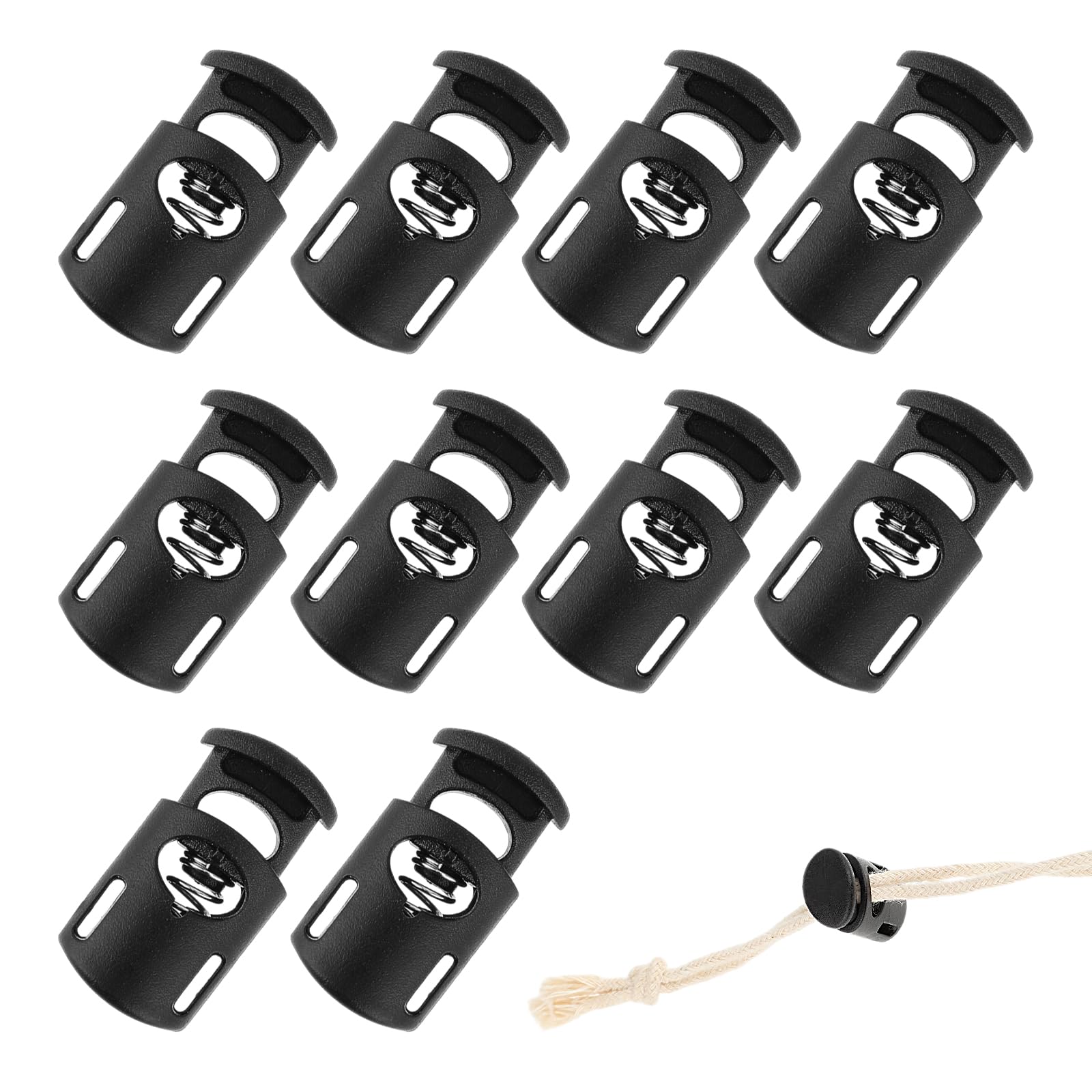 Grevosea 10PCS Plastic Cord Lock, Black Toggles for Drawstrings Single Hole Spring Toggle Stopper Cord Stops Fastener Elastic Shoeslace Paracord Bags Clothing Bungee Swim Goggles