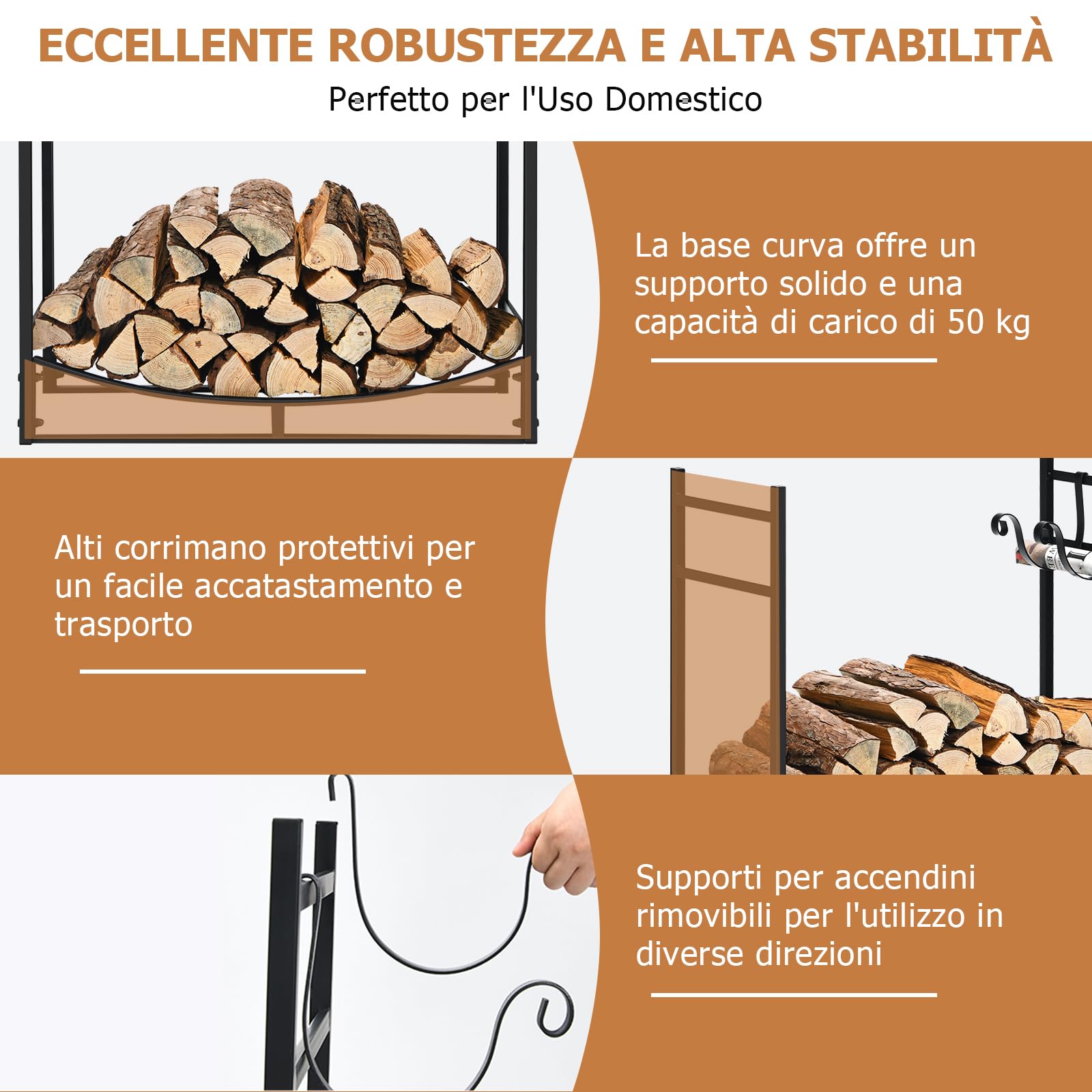 GYMAX Porta Legna da Ardere, Portalegna da Interno Esterno con Supporti per Accendifuoco Staccabili, Portalegna Robusto in Acciaio Facile da Montare, 83 x 33 x 77 cm, Nero