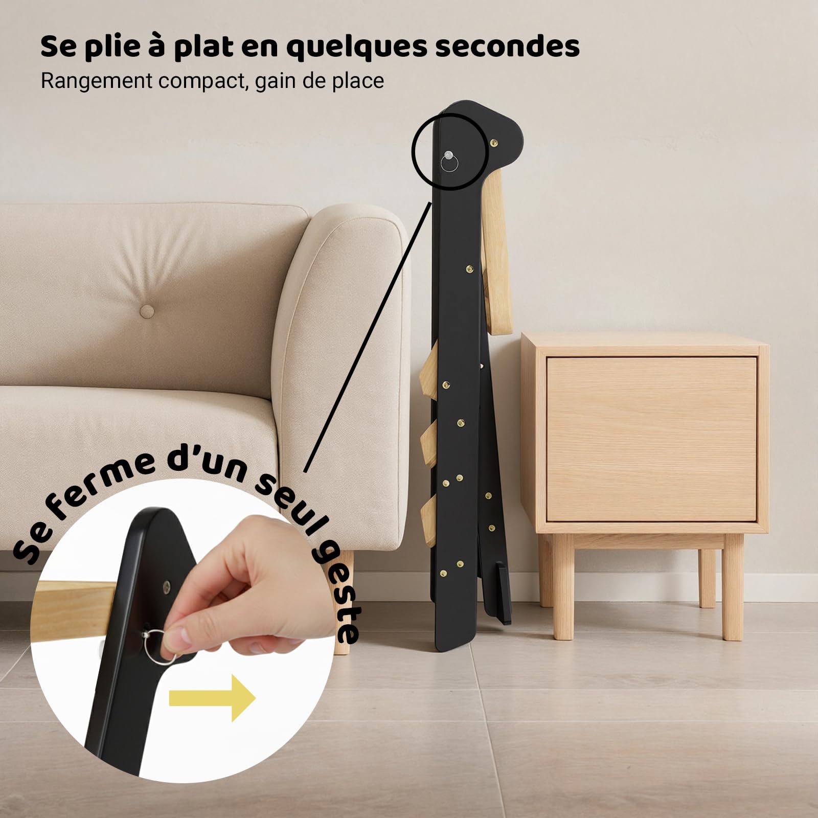 COSYLAND Tour d’Observation Montessori Enfant Pliable – If Design Award, Tour d’Apprentissage en Bois Réglable en Hauteur dès 1 an avec Filet de Sécurité, Kitchen Helper Bébé – Noir & Naturel