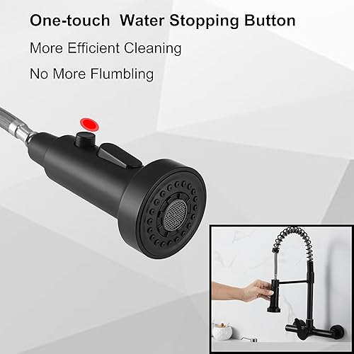 Miniatura 7 de LIWEIKE Grifos de cocina de montaje en pared, grifo de cocina de montaje en pared central de 8 pulgadas con pulverizador, negro mate