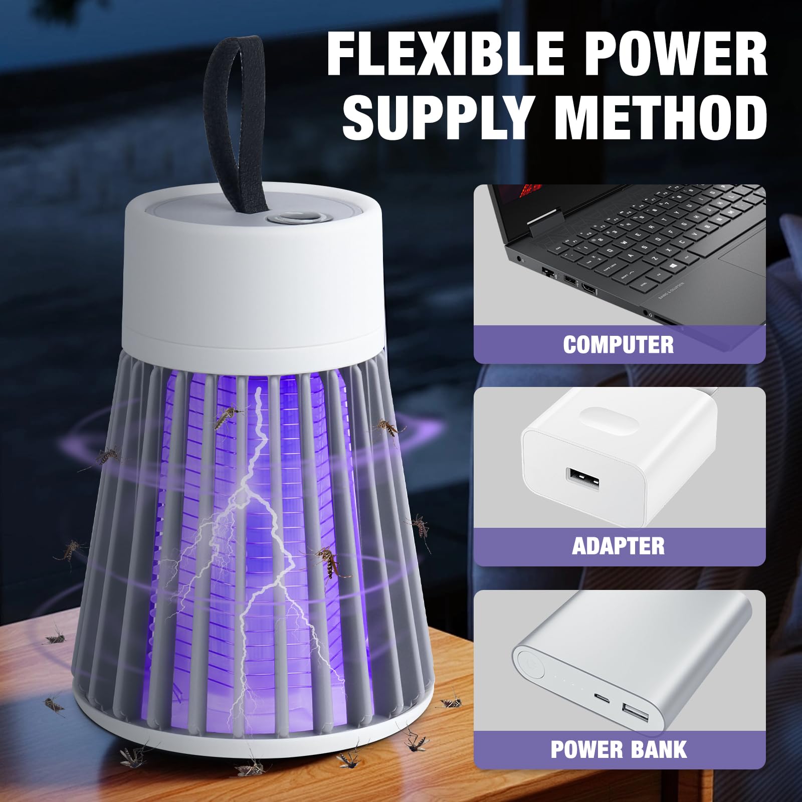 Mineup Elektryczna pułapka na owady, 2 sztuki w opakowaniu, lampa na komary 2 w 1, lampa owadobójcza, ładowana przez USB, 360° UV, elektryczna pułapka na komary do kuchni, wewnątrz i na zewnątrz