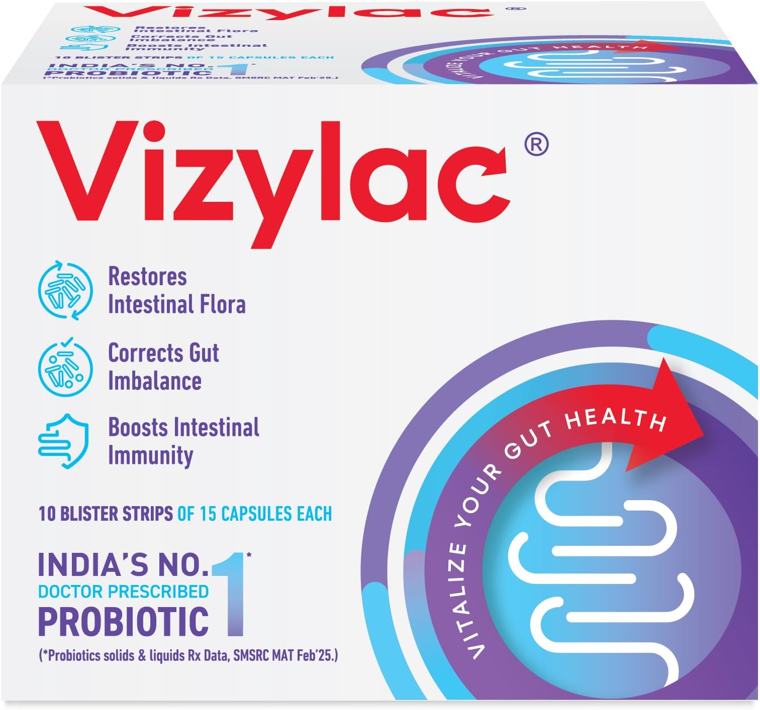 Torrent Vizylac Lactic Acid Bacillus 75 Capsules Helps To Improve Your Gut Health & Digestion, Nutrient Absorption &Enhances The Immune System & Maintains Overall Well Being Pack Of 5 Blister Strips