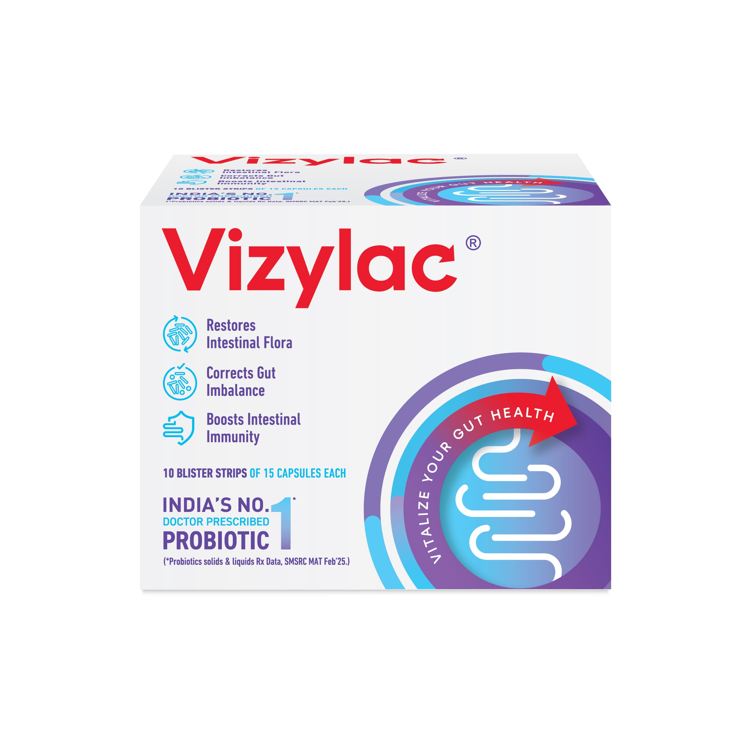 Torrent Vizylac Lactic Acid Bacillus 75 Capsules Helps To Improve Your Gut Health & Digestion, Nutrient Absorption &Enhances The Immune System & Maintains Overall Well Being Pack Of 5 Blister Strips