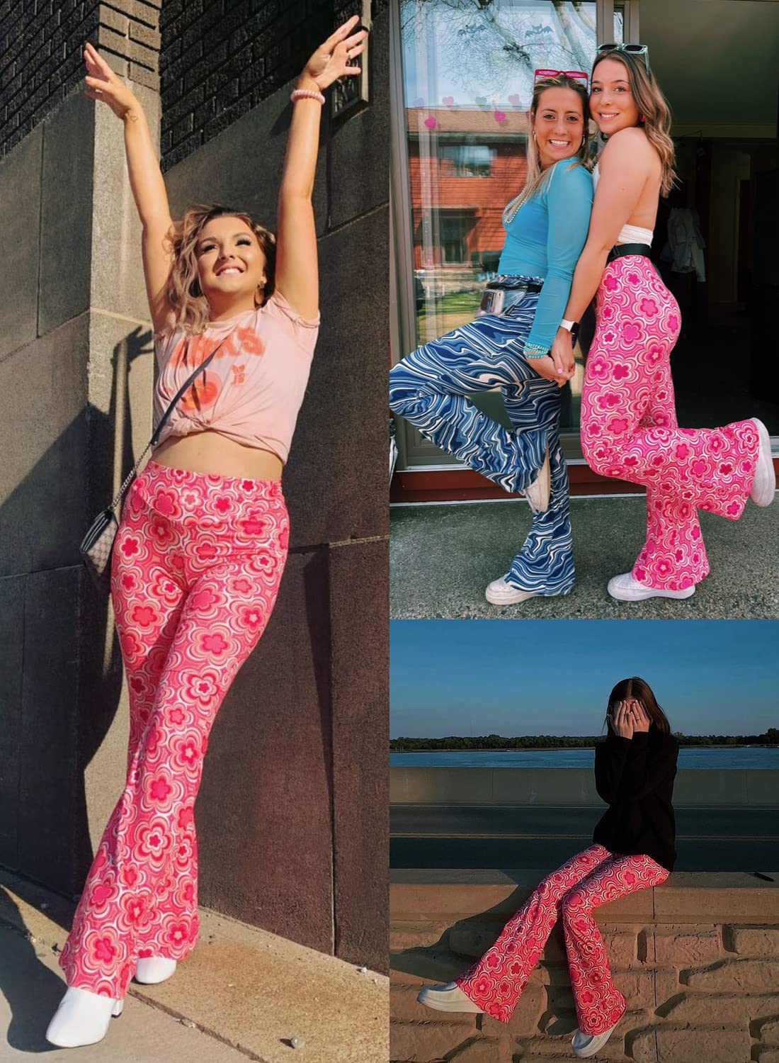 Pantalons Fluide Évasés des Années 70 Femme - Taille Haute Elastique Yoga Leggings Sport Vetement Ete Pantalon Large Disco Pilates Chic Et Elegant Hippie Deguisement Adulte