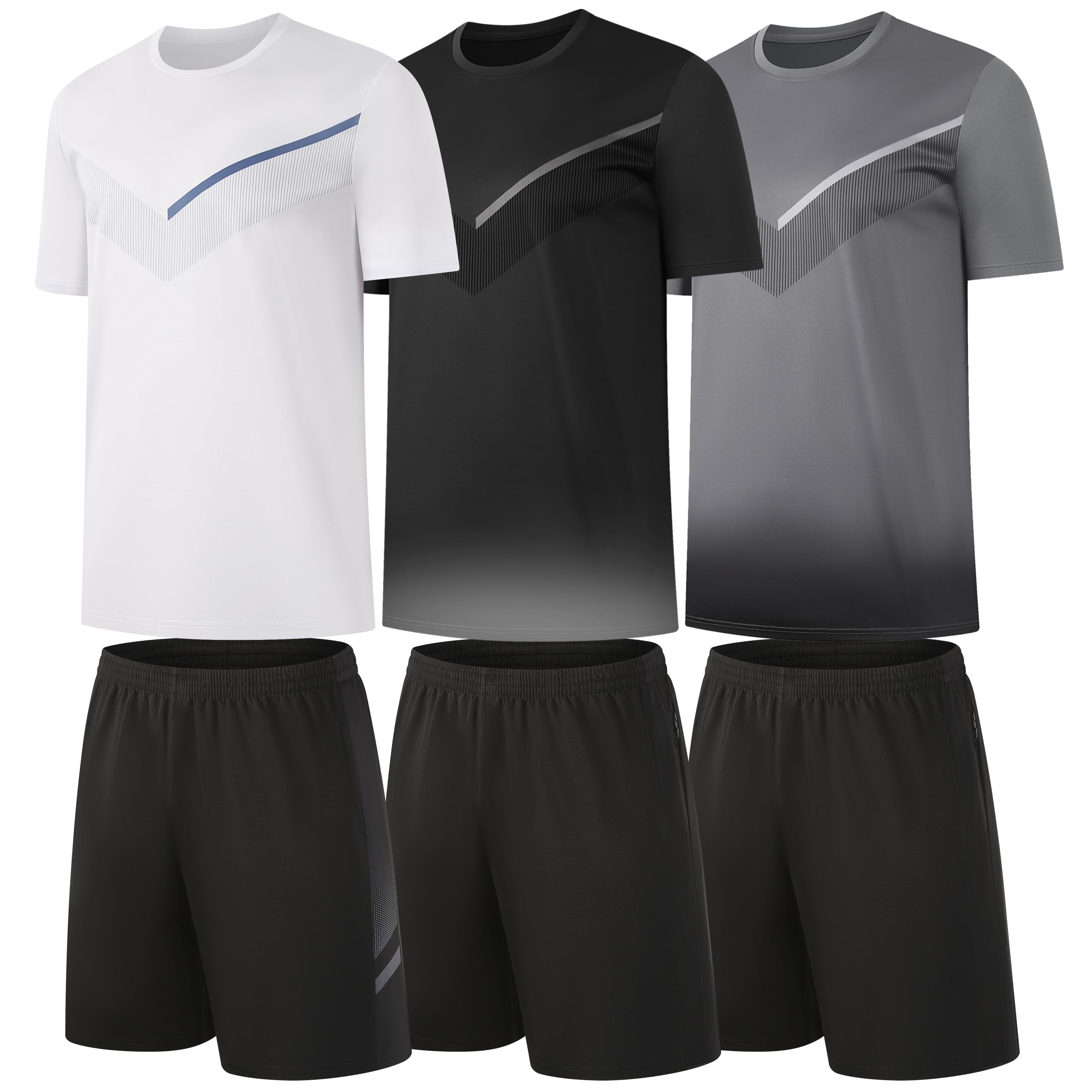 RPOVIG Mens 3 Pack Shirts Shorts Zipper Pockets Quick Dry Gym Athletic Clothes Workout Running Sets Summer Casual