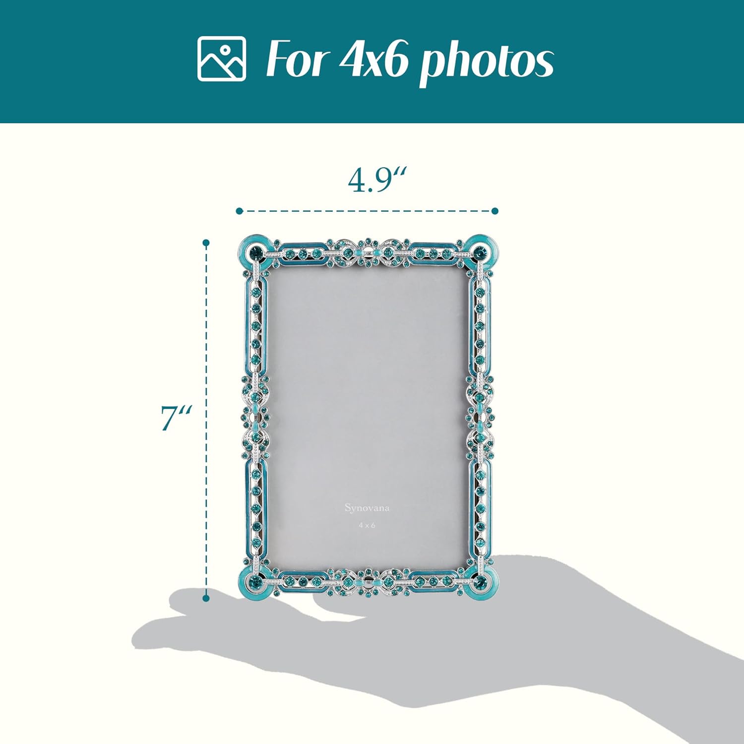 Romantic Jeweled 4x6 Photo Frame – Silver with Blue Crystal Accents, Ornate Vintage-Style Picture Frame for Tabletop Display Gift