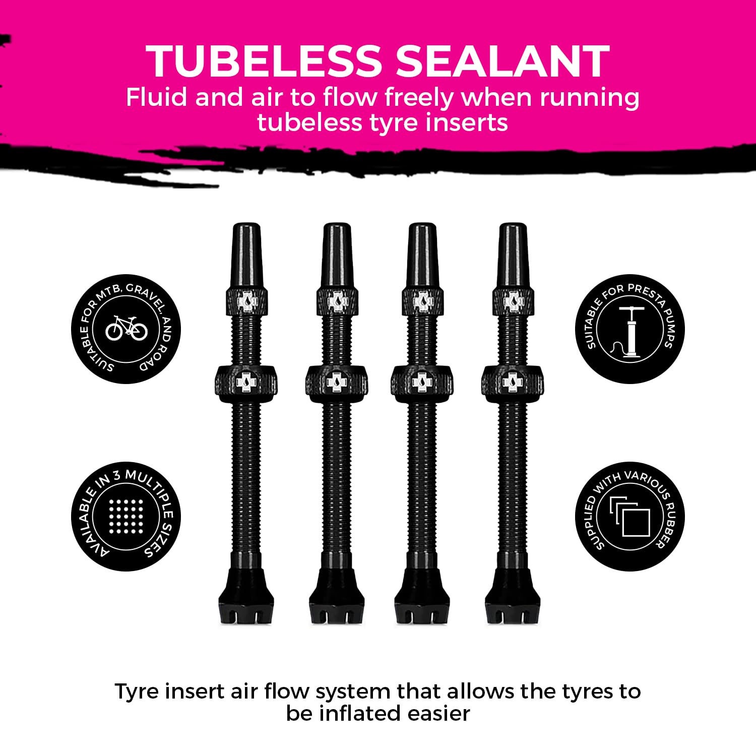 Muc-Off Tubeless Ventile V2 – 44 mm schwarz (2er-Pack) | 4 x 7075 Presta-Ventile aus Flugzeugaluminium mit Kernentfernungswerkzeug | 44 mm/60 mm/80 mm – 10 eloxierte Farboptionen | passend für MTB