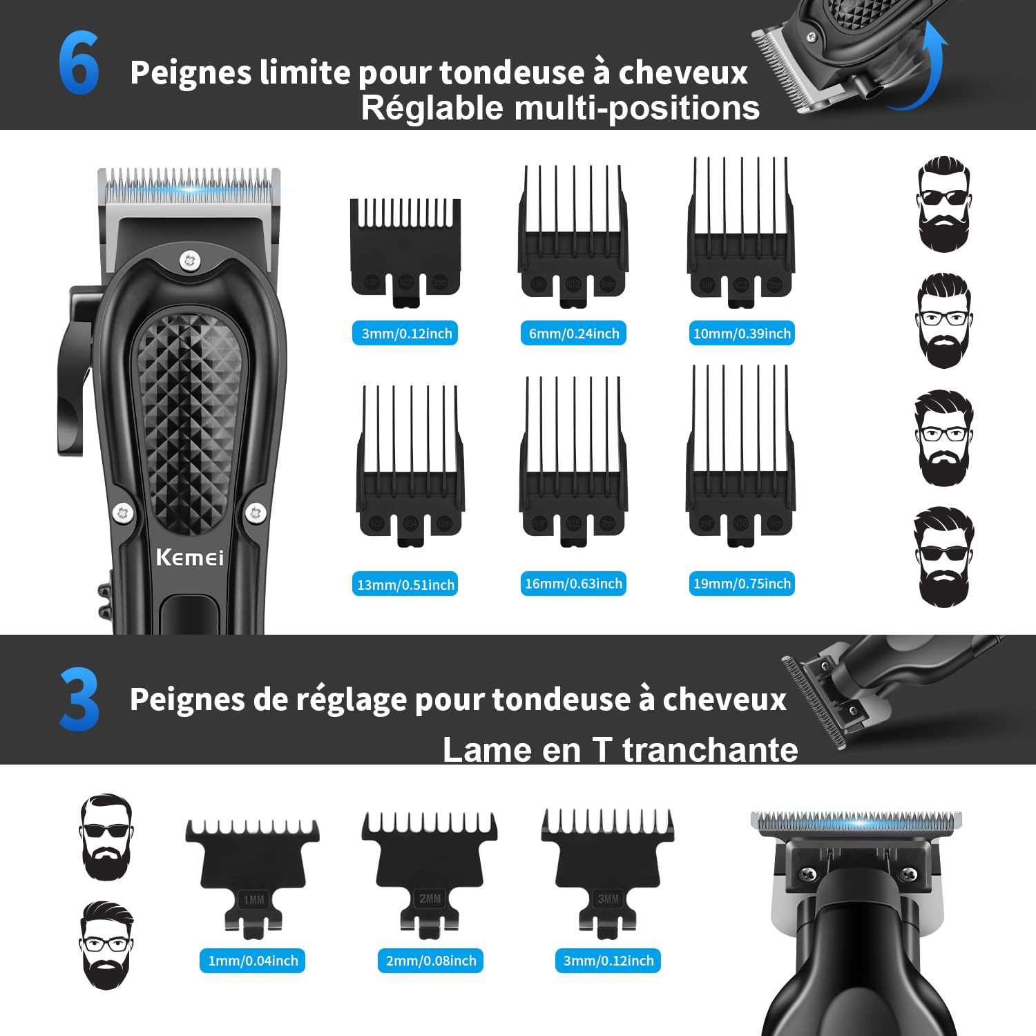 KEMEI Tondeuse professionnelle pour hommes, Ensemble complet de tondeuse à barbe sans fil T-Blade, Kit complet d'électrique de coupe de cheveux avec 9 peignes de guidage