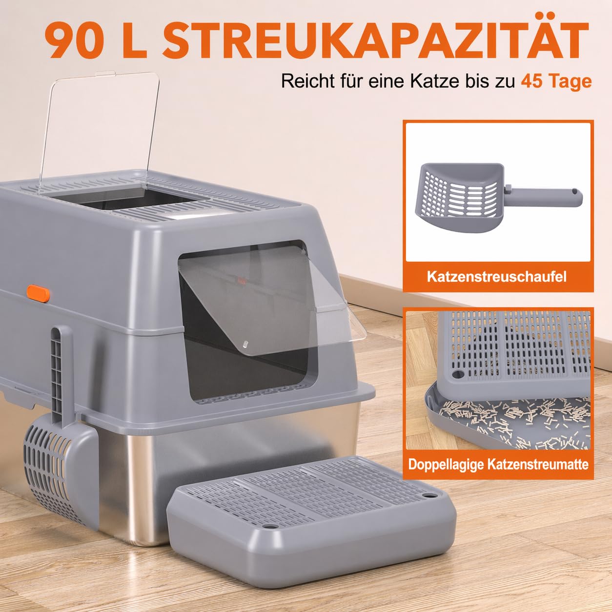 XXXL Katzenklo Edelstahl mit Deckel 70x50x45 cm 90 L extra groß Katzentoilette Edelstahl für große Katzen & Mehrkatzenhaushalte, geschlossenes/Offen, leicht zu reinigen, Anti-Leck, mit Pedal