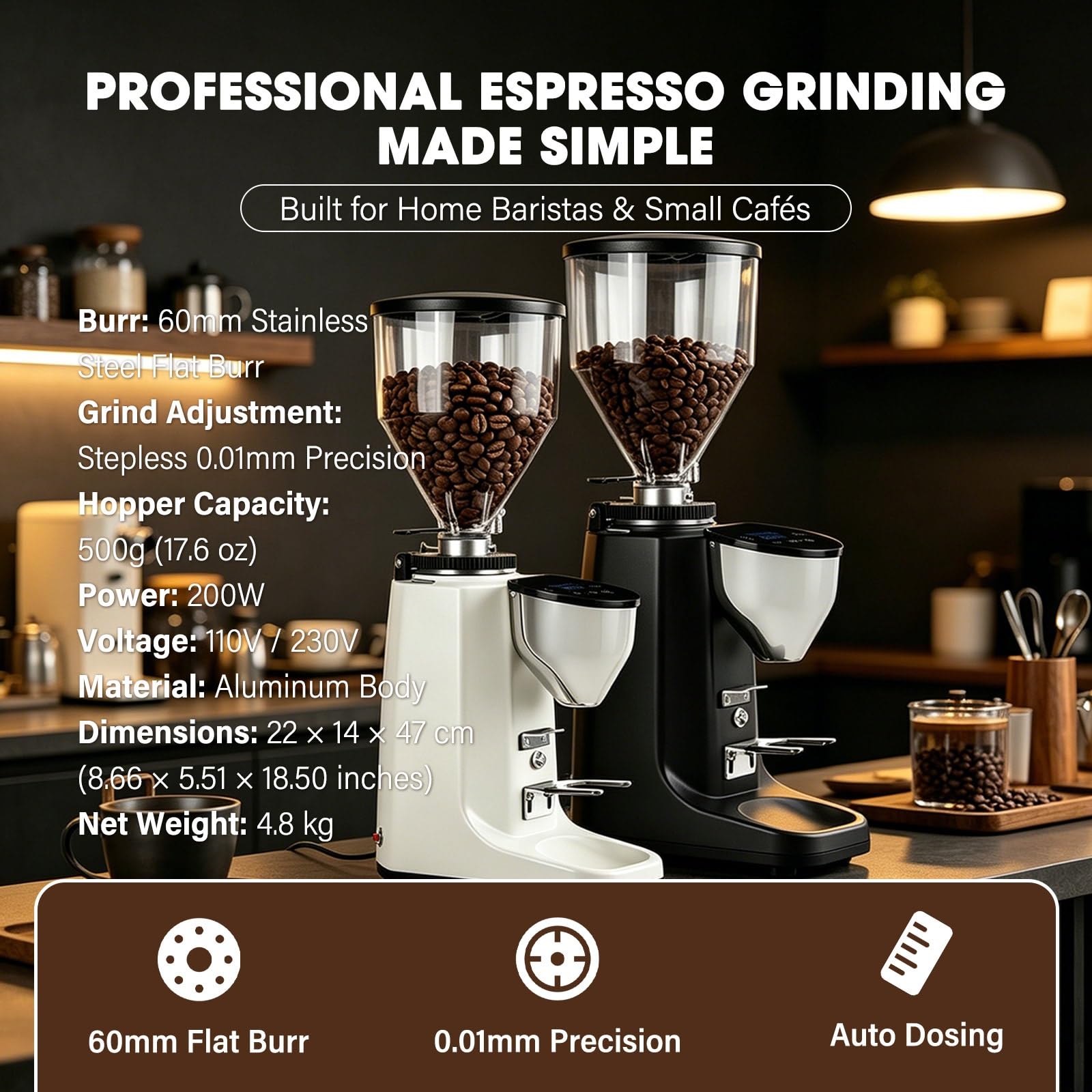 Młynek Do Kawy Z Płaskimi żarnami, Młynek Do Espresso Z Precyzyjną Regulacją, Automatyczne Dozowanie, Cicha Praca I Pojemnik 500 G(Black)