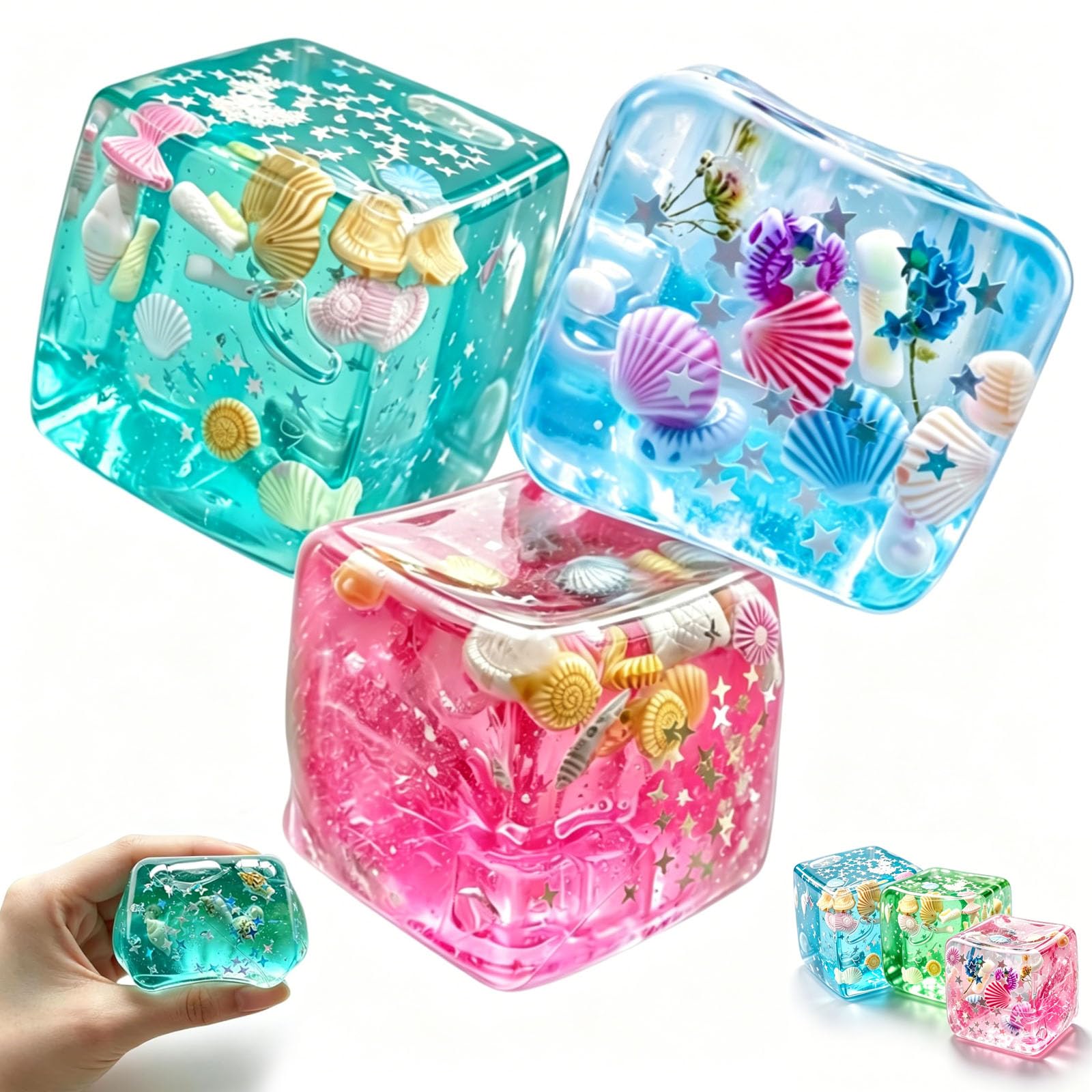 3pcs Ocean Shell Square Squishy Toy, Slow Rising Sensory Fidget for Stress Relief, Pocket-Sized Hand Therapy Squishy Cube with Floating Decor, Desk Calming Tool for Office Home