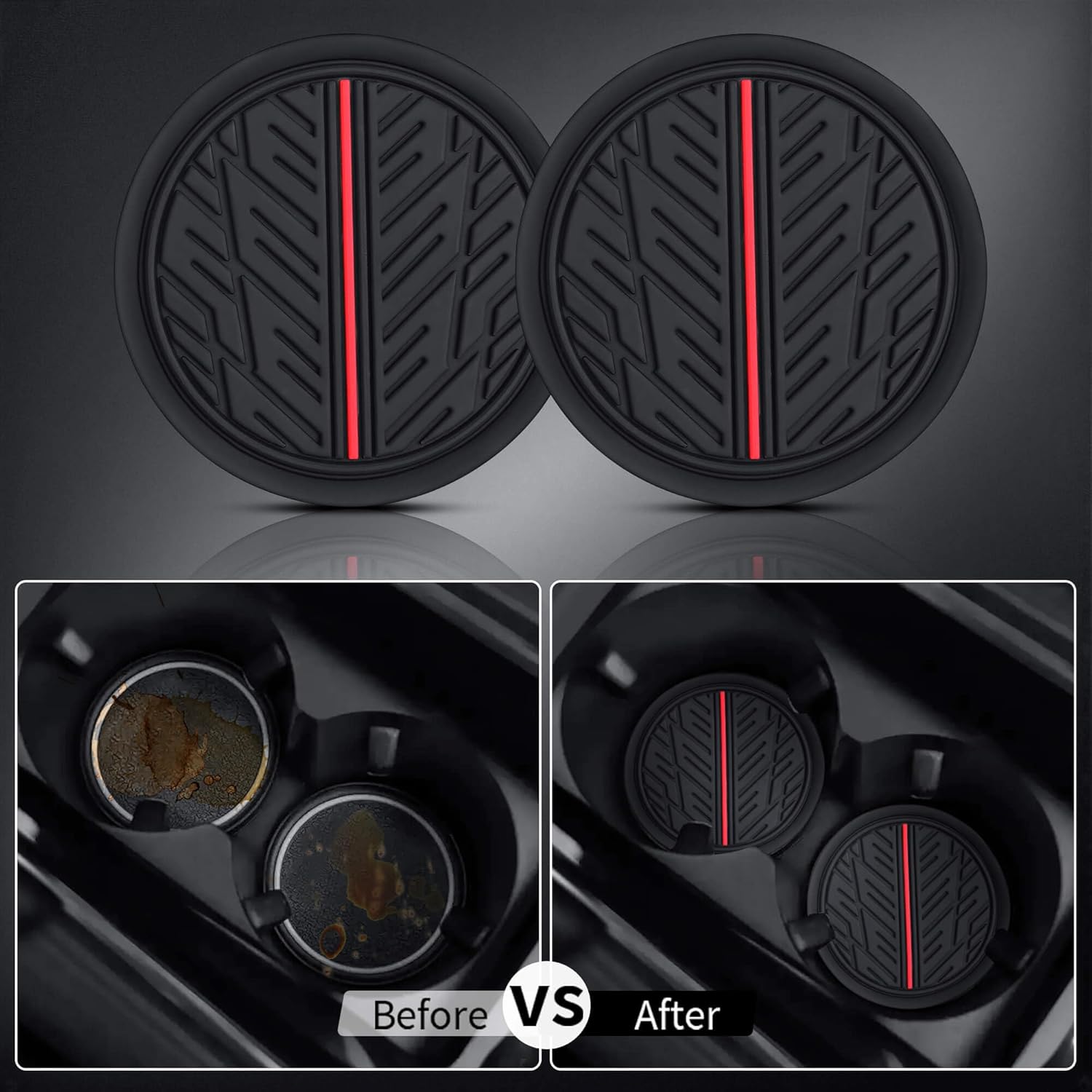 CAR PASS Leather Rubber Steering Wheel Cover Set,Tire Tread Pattern Design,Non-Slip Wear-Resistant,Equipped with Mobile Phone Holder and Non-Slip Cup Mat,Suitable for Steering Wheel 14.5-15”Black Red