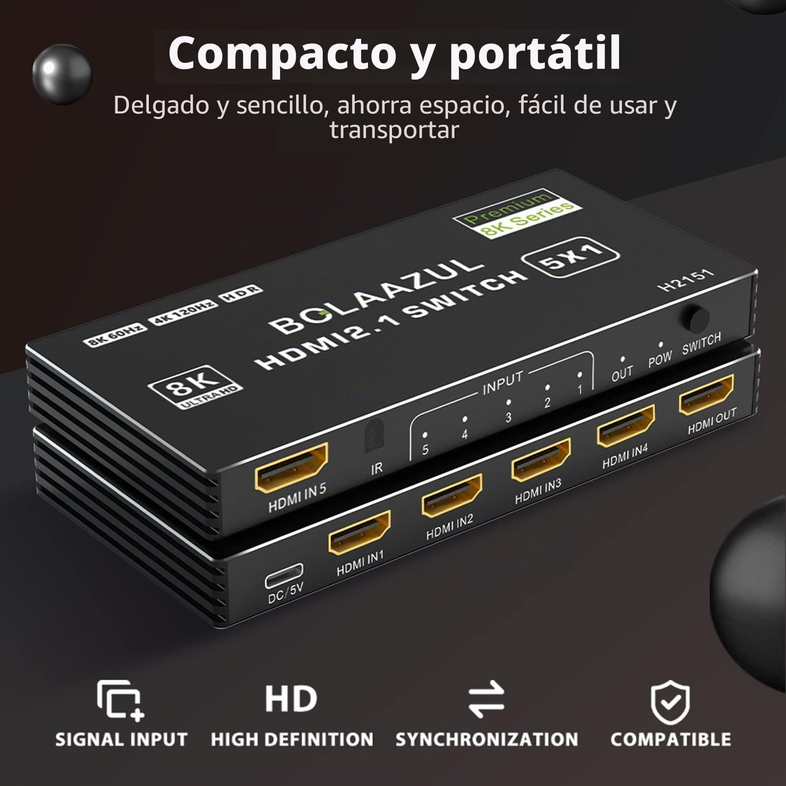 BolAAzuL Conmutador HDMI 2.1 8K 120Hz 4K 5 en 1, 8K @60Hz, 4K 120Hz, 2K 144Hz, HDR, 48Gbps, CEC, Dolby Vision, Control Remoto, para Xbox Series X