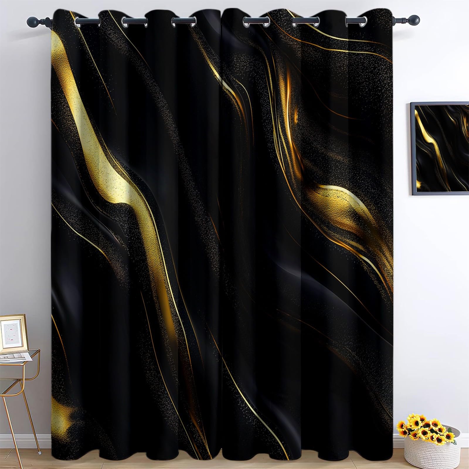 Srigzcaly Abstract Gold Line Marble Blackout Eyelet Curtains 90 Drop, Black Thermal Insulated Window Drapes for Bedroom & Living Room - 2 Panels, Total 92" W x 90" L (234x229cm) — image 1