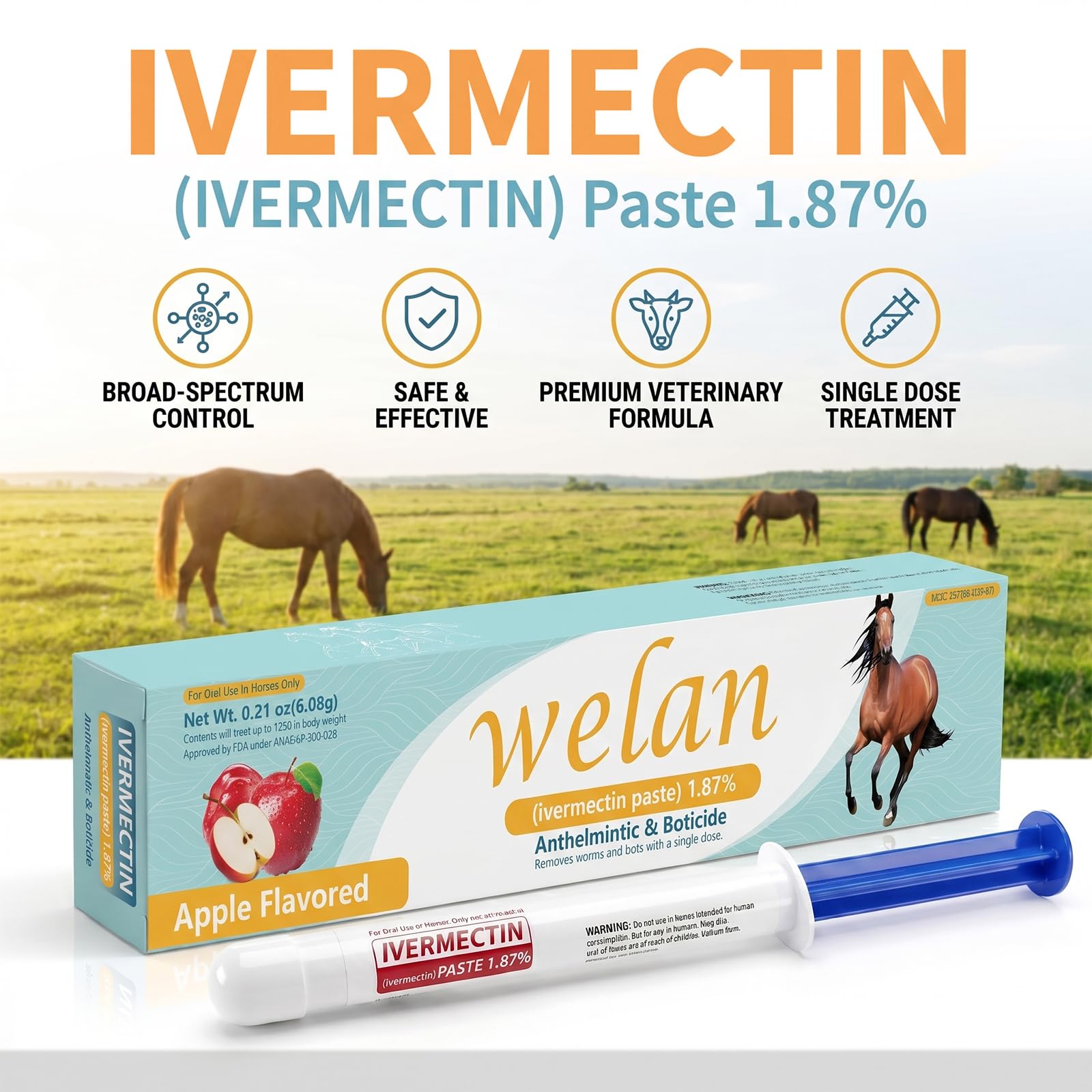 Lot de 6 gels pour chevaux 1,87 % goût pomme pour chevaux jusqu'à 567 kg - Gel simple pour tous les âges