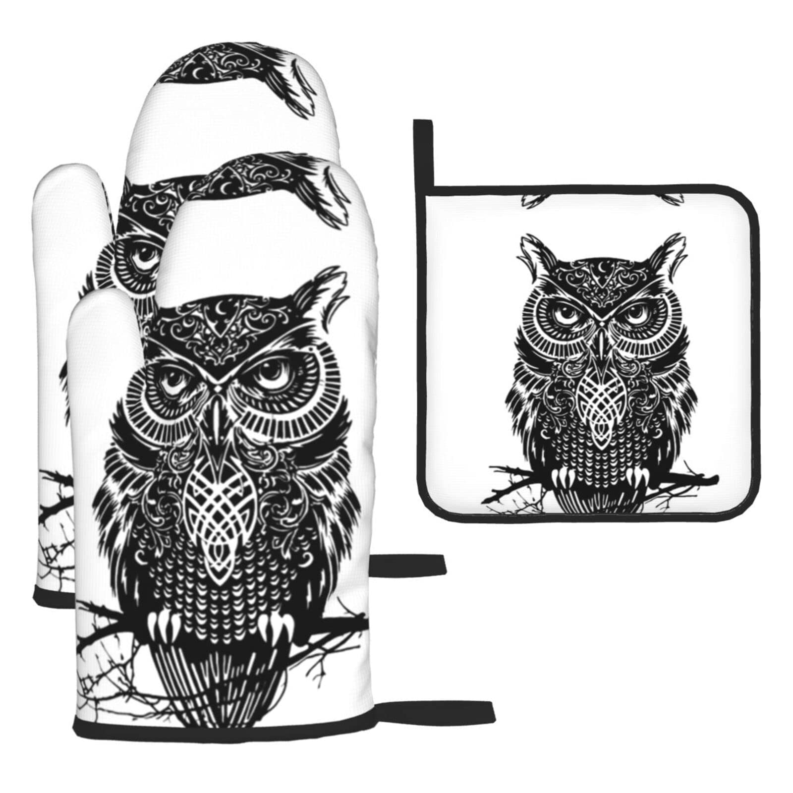 Owl Oven Mitts and Pot Holder Kitchen Set for Grilling, Cooking, Baking, Heat Resistant