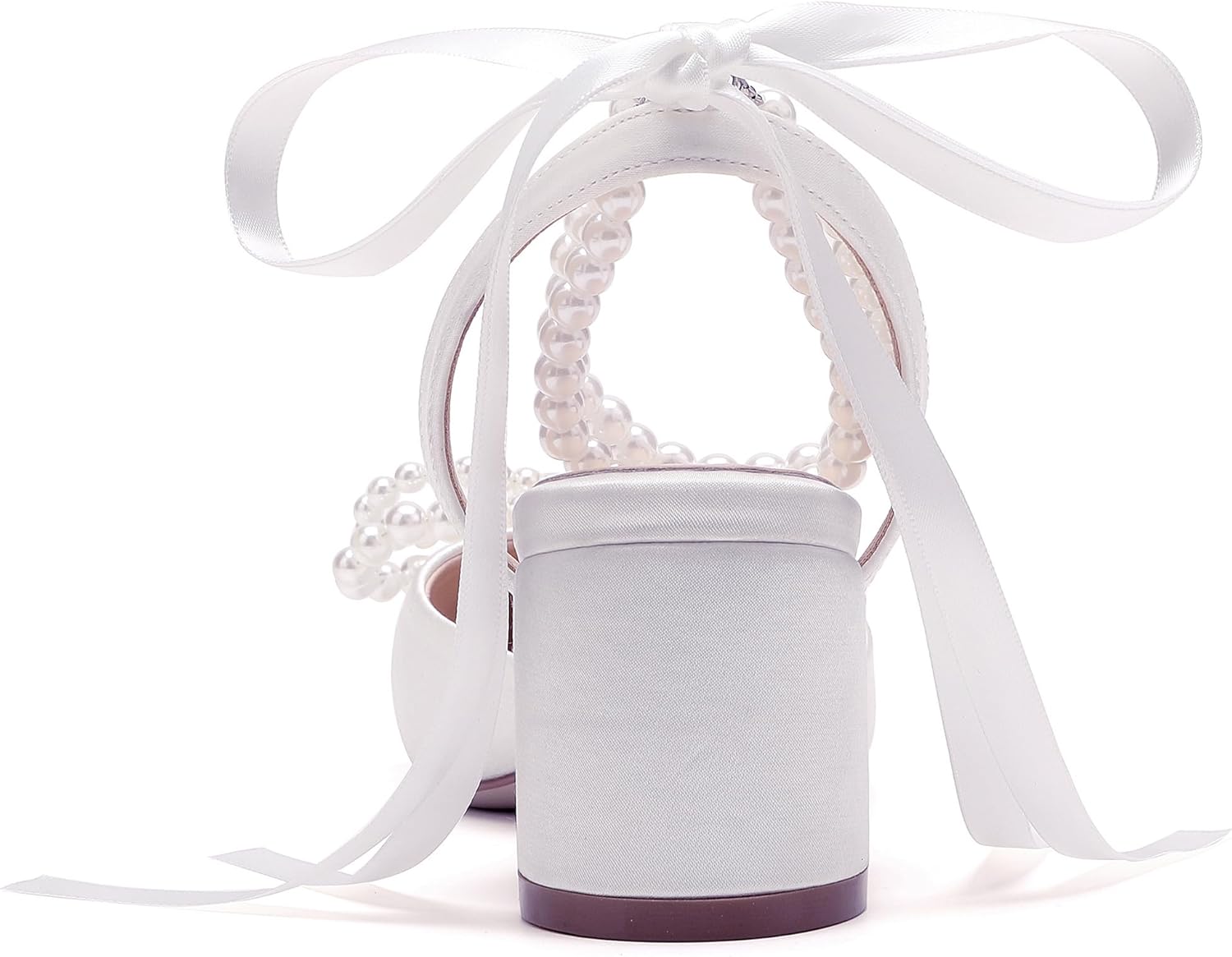 Women's Pearls Closed Toe Chunky Low Block Heel Ankle Strap Heeled Sandals Wedding Dress Shoes Pumps