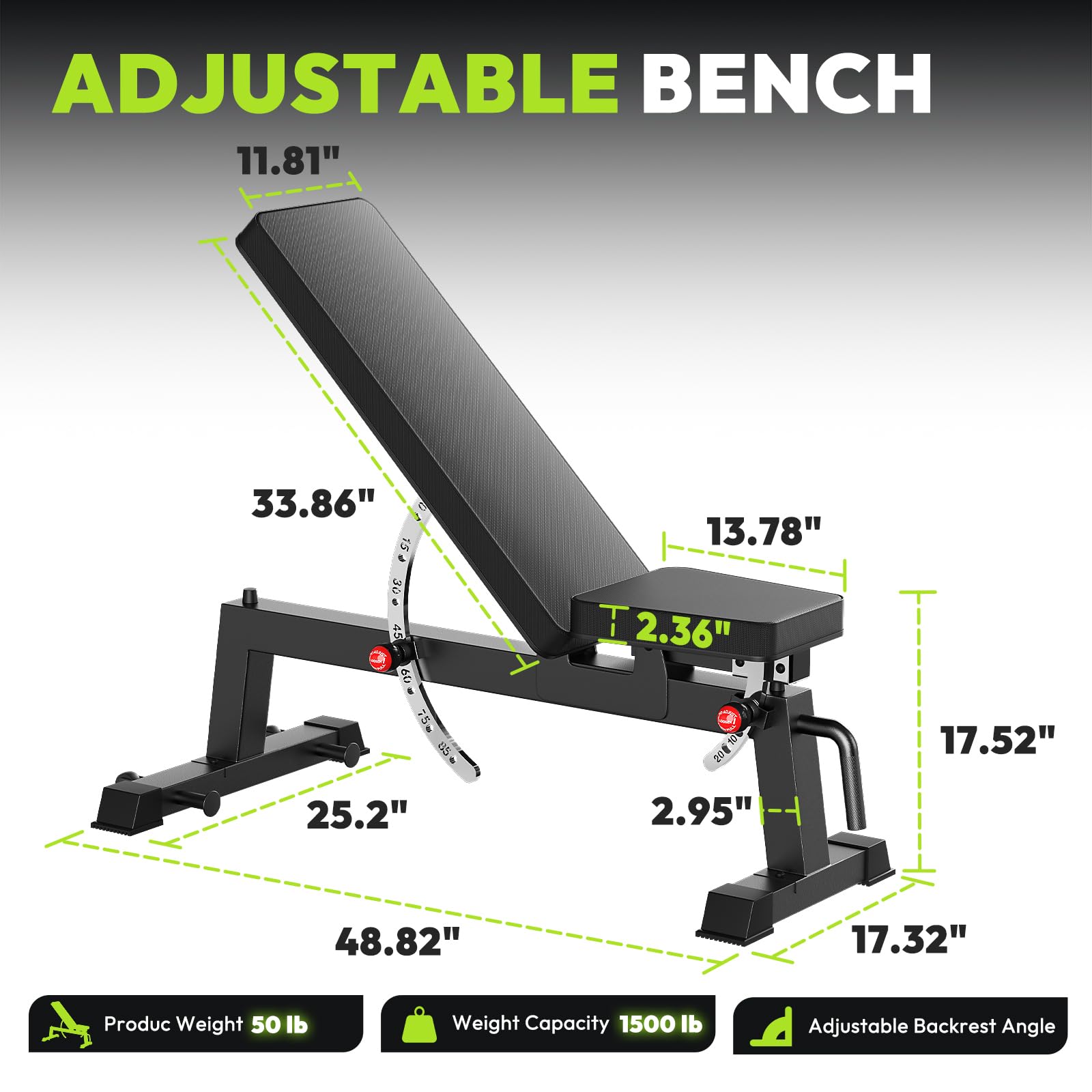 Adjustable Weight Bench, 1500 lb Incline Workout Bench, Home Gym | 0 To 85 Degree Backrest, Three Seat Angles, Steel Frame, Wheels And Handle, Foldable Storage, Chest Presses, Dumbbell Rows