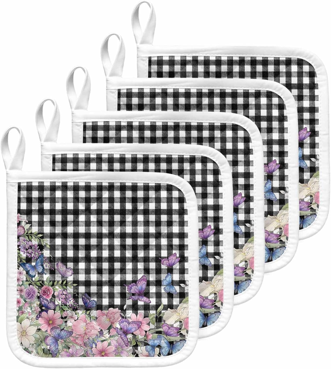 Spring Floral Pot Holders for Kitchen Heatproof Potholder, 5 Pack Black White Checkered Farmhouse Butterfly Hot Pads Multipurpose Oven Pads Cloth Potholders Trivet for Cooking Baking