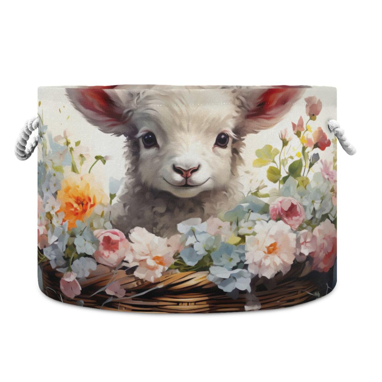 Round Cute Sheep Flower Basket Storage Basket Large Organizer Bin Laundry Hamper Toy Storage Basket with Handle for Nursery Clothes Toys 202b4052