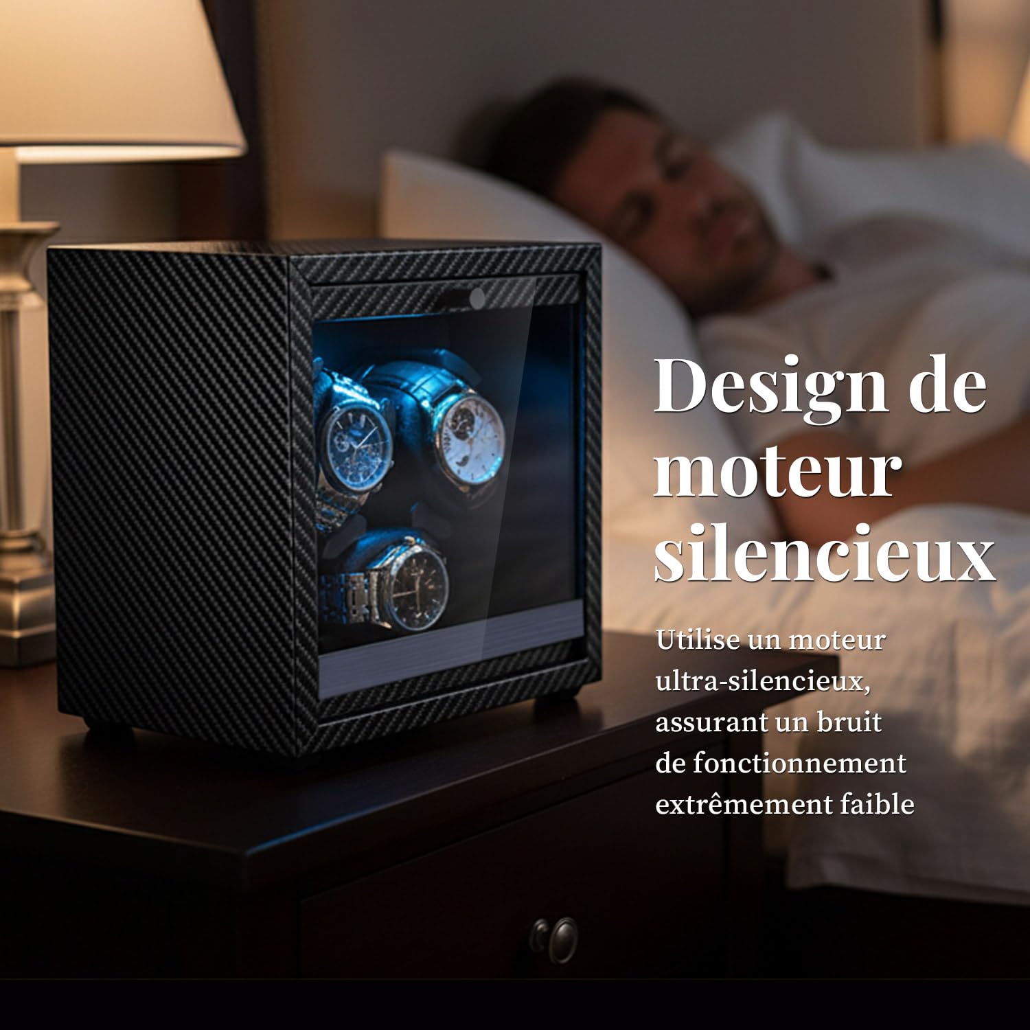 Mcbazel Boîte Remontoir Automatique Ultra Silencieux, 4 Modes de Rotation avec Lumière LED Bleue, Montre Programmable pour 3 Montres, Boîte de Rangement Alimentée par USB avec Oreillers en Mousse