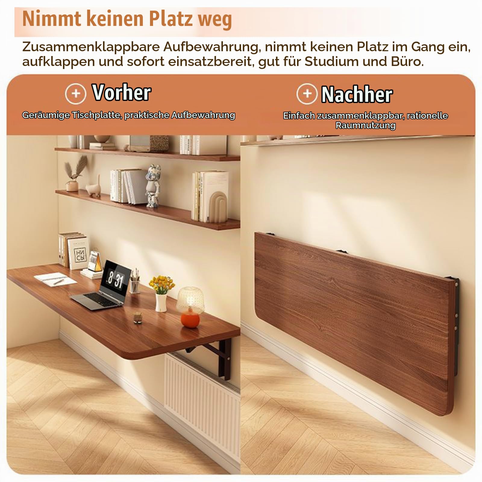 TWSOUL Wandklapptisch, 80 x 40 cm, Wandtisch Klappbar, Klapptisch Esstisch, für die Wand Bartisch, Klappbar zur Wandmontage, für Küche Wohnzimmer Kinderzimmer (Walnuss)