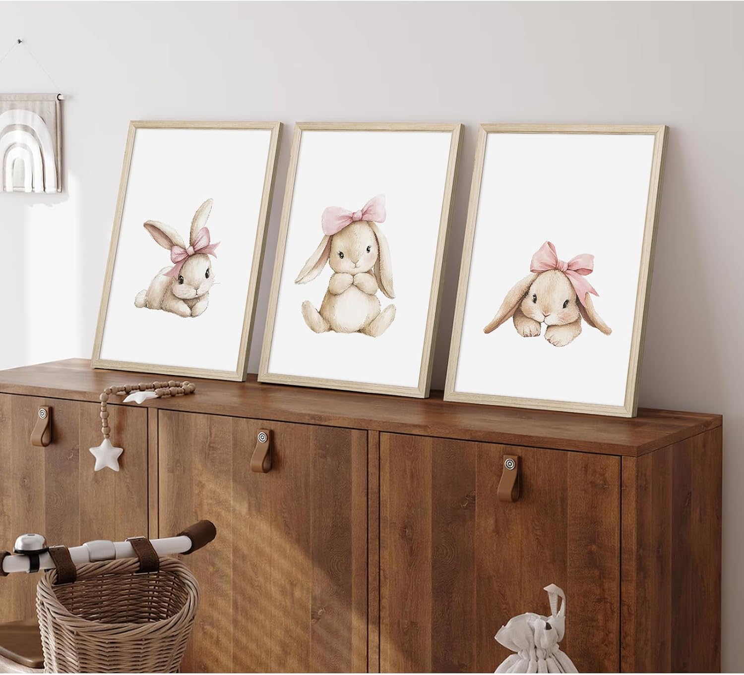 Nursery Bunny Wall Art Decor Bunny Prints Baby Girl Room Canvas Wall Art Decor Pink Baby Girl Nursery Painting Woodland Rabbit Spring Artwork Poster for Bedroom 12x16x3 Inch Wood Framed