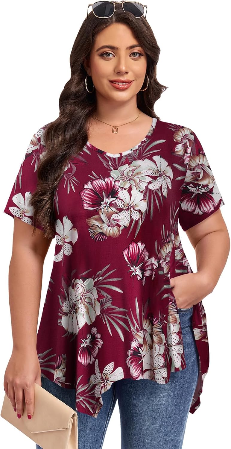 LARACE Plus Size Tops for Womens Summer Clothes Short Sleeve Shirts Casual V Neck Tunic Asymmetrical Blouses - Image 2