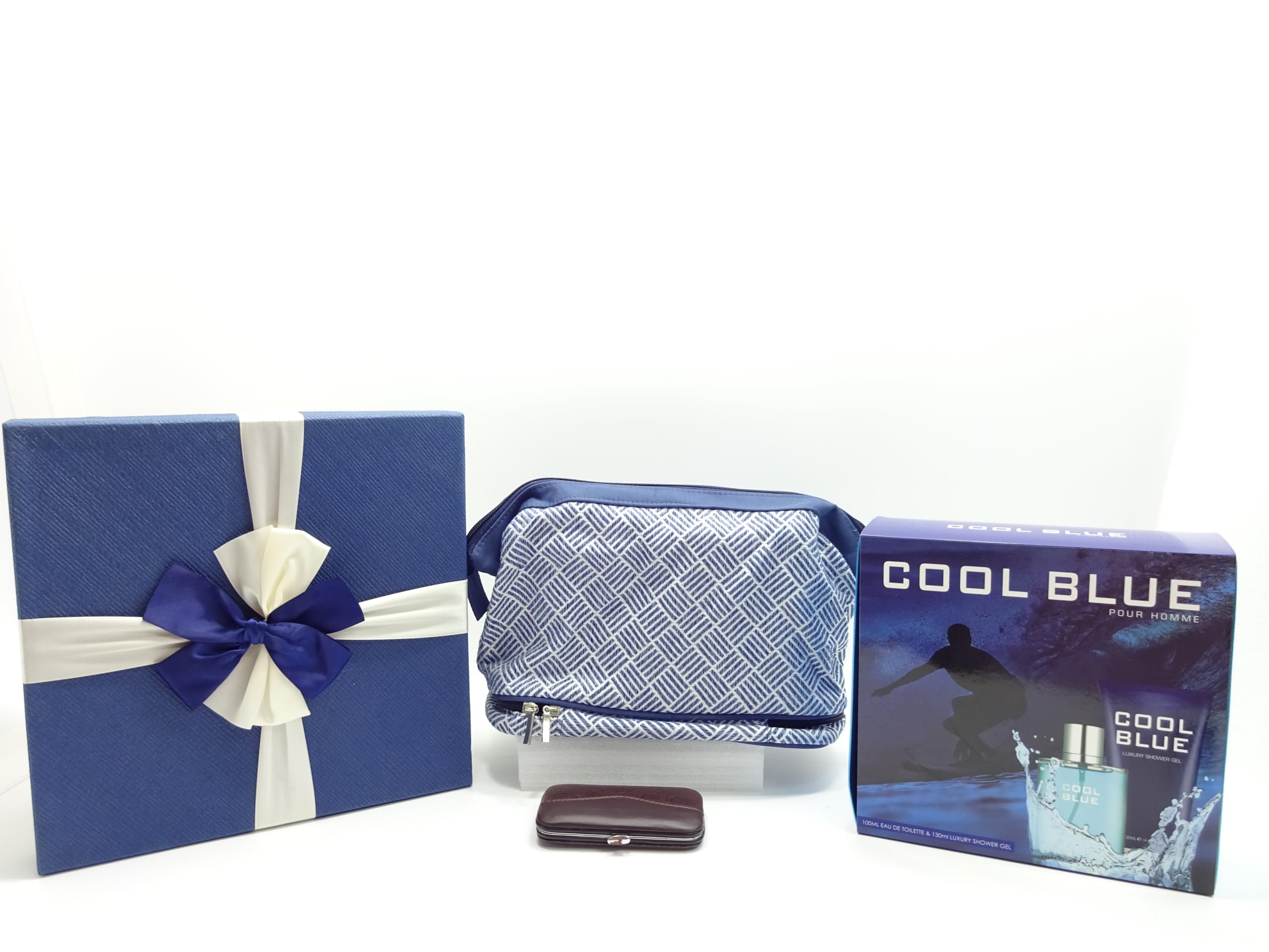 Cool Blue 2 szt. Zestaw upominkowy perfum 100 ml EDT i 130 ml luksusowy żel pod prysznic, zestaw do manicure + kosmetyczka, opakowanie prezentowe kosz na prezent dla niego
