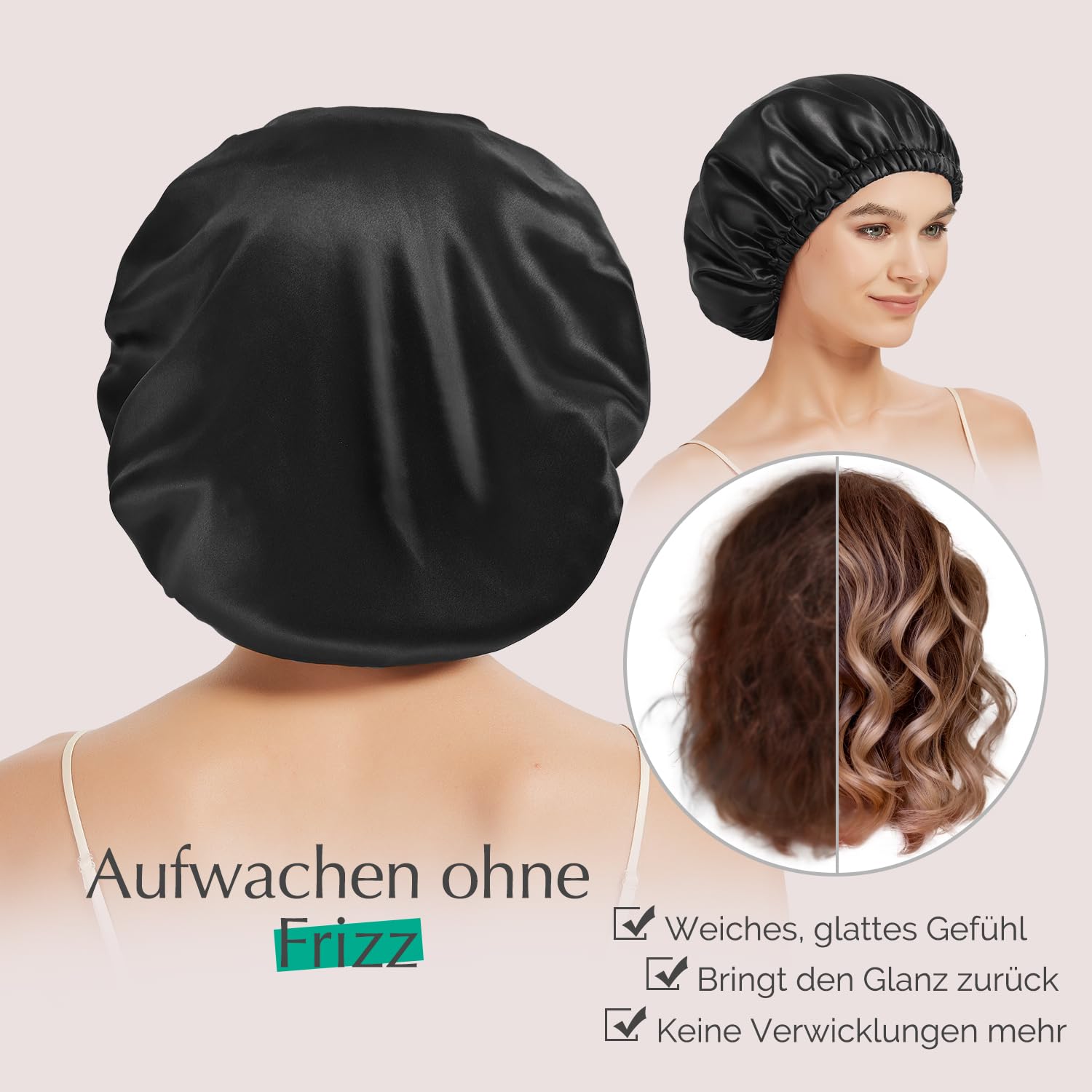 Hat Hut 22 Momme Seidenhaube zum Schlafen, Schlafmütze aus 100% Maulbeerseide, Silk Bonnet Schlafhaube für Lockiges Haar, Doppelte Haarhaube (DE/NL/SE/PL, Alphanumerisch, Einheitsgröße, Schwarz)
