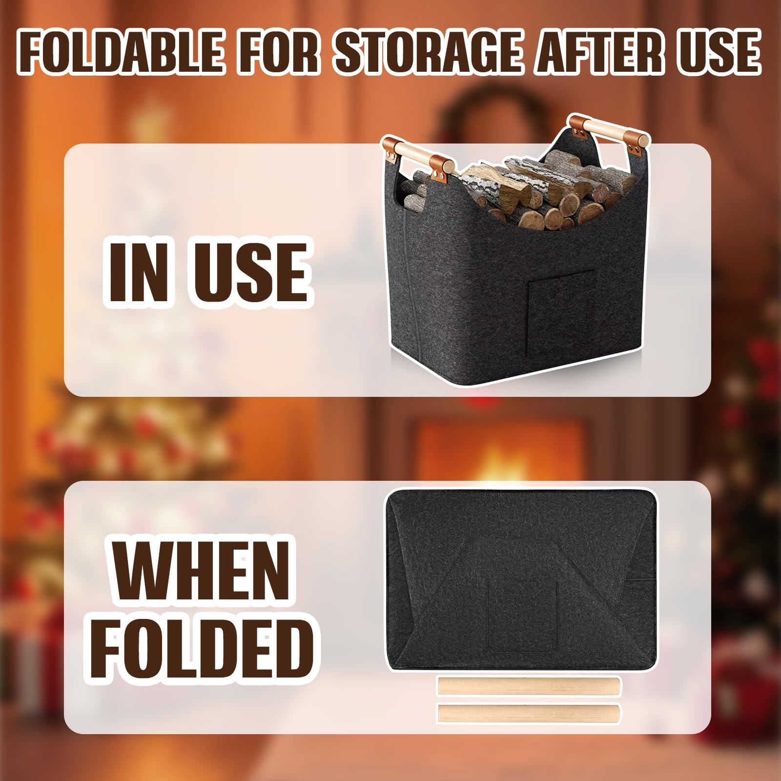 Cesta para Leña 2 Unidades 67L & 96L – Cestas de Fieltro con Asas, 50×32×40 cm & 60×40×40 cm, Bolsa Plegable para Chimenea, Madera, Juguetes o Mantas