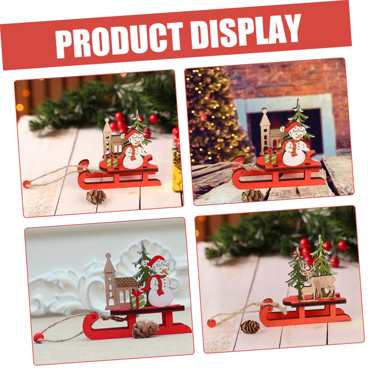 Cabilock 3 Set Slitta Natalizia in Legno Figurine Scena Ornamenti Natalizi Decorazioni Di Halloween Appeso All'albero Di Natale Uomo Fiocco Di Neve Arredamento Autunno Bosso 3 Pezzi*3