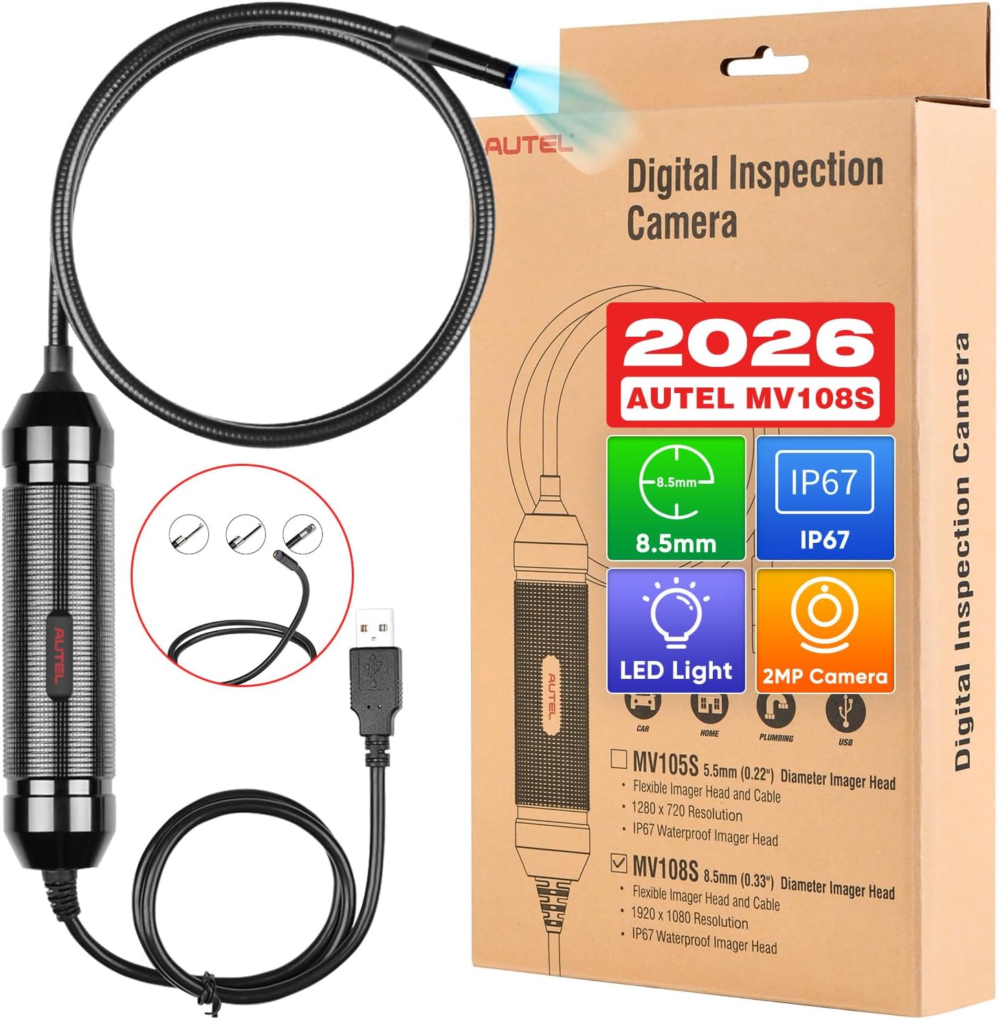 Autel MaxiVideo MV108S Borescope Inspection Camera, 2026 Endoscope with 8.5mm Waterproof Image Head, Work w/All Autel Scanners MK808 MX808 MX900 MK900