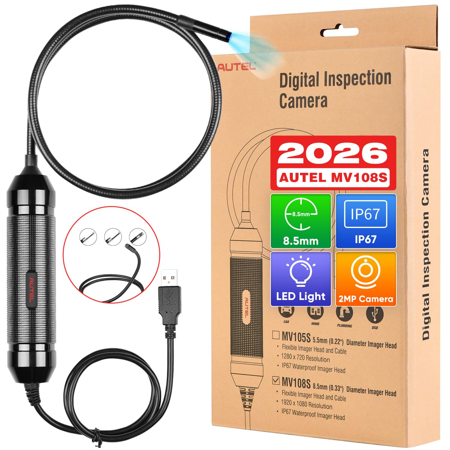 Autel MaxiVideo MV108S Borescope Inspection Camera, 2023 Upgrade of MV108/ MV105 Endoscope, 8.5mm Waterproof Image Head, 2MP HD Camera, 1920 x 1080, Work with All Autel Scanners, such as MaxiCOM MK808