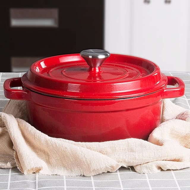 Virklyee okrągły emaliowany żeliwny garnek 24 cm emaliowany żeliwny 4,7 l emaliowany żeliwny garnek z pokrywką kompatybilny z wszystkimi źródłami ciepła (czerwony)