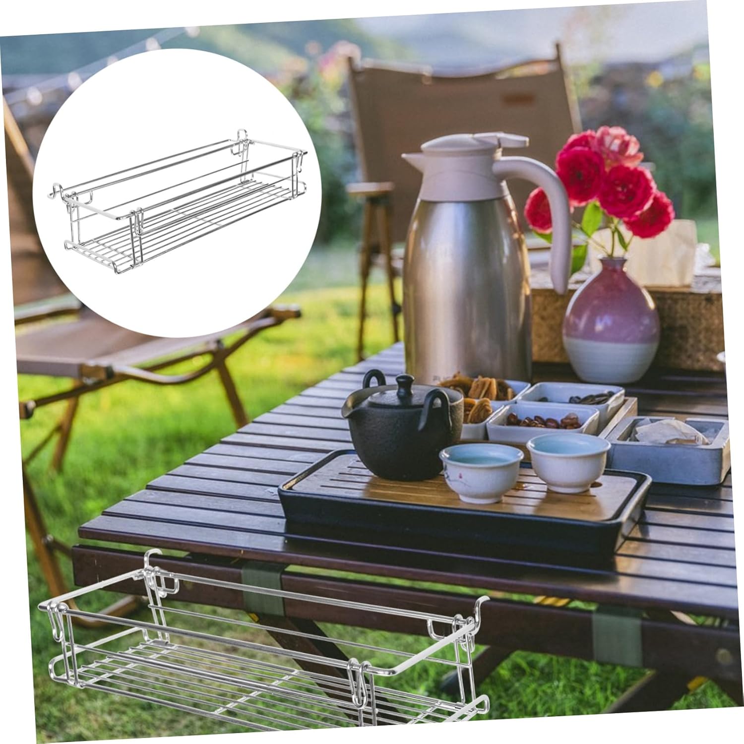 Folding Camping Table Extendable Storage Basket Multi-Functional Organizer for Outdoor Use for Bbqs Picnics and Camping Adventures