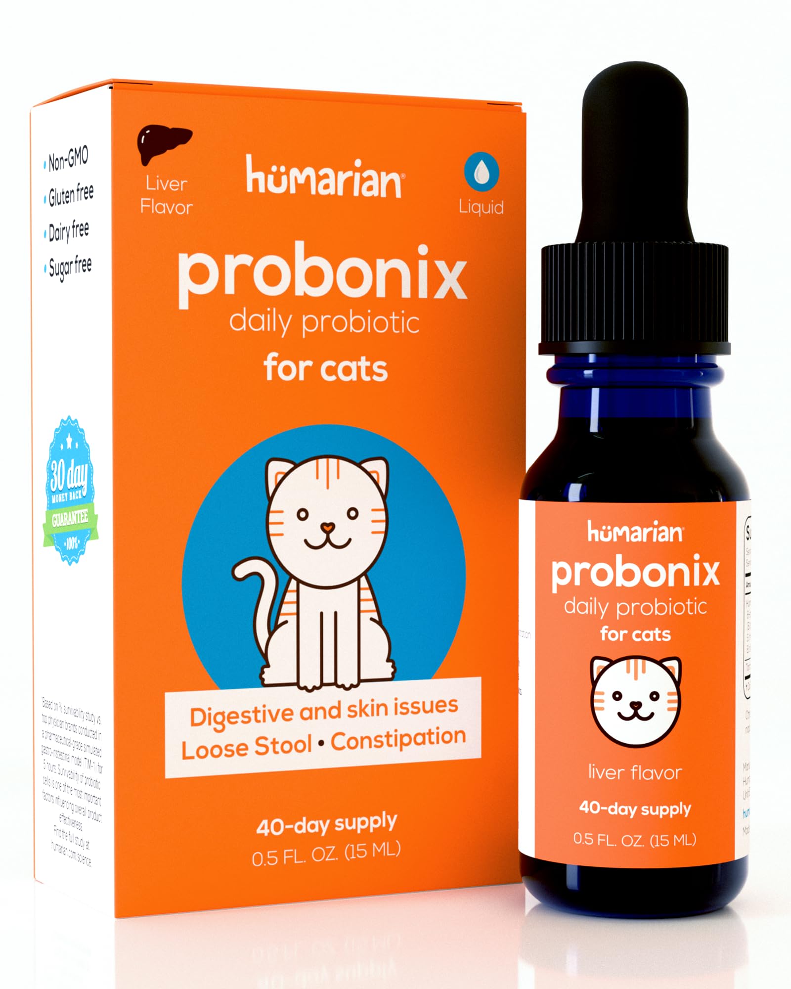 Humarian Probonix Liquid Probiotics for Cats - 8-Strain Cat Probiotic Drops to Fortify Feline Gut Health, Dental Health, Immunity and More - 30-Day Supply - Liver Flavor
