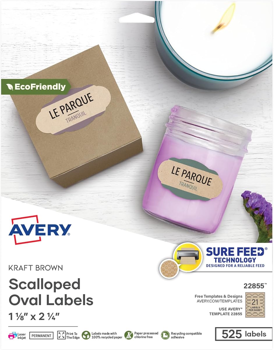 Avery® Kraft Brown Scalloped Oval Labels with Sure Feed® Technology, 1-1/8" x 2-1/4", Print to the Edge, Laser/Inkjet Printable Labels, 525 Total (22855)
