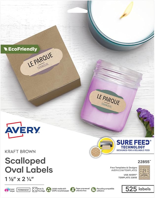 Avery® Kraft Brown Scalloped Oval Labels with Sure Feed® Technology, 1-1/8" x 2-1/4", Print to the Edge, Laser/Inkjet Printable Labels, 525 Total (22855)