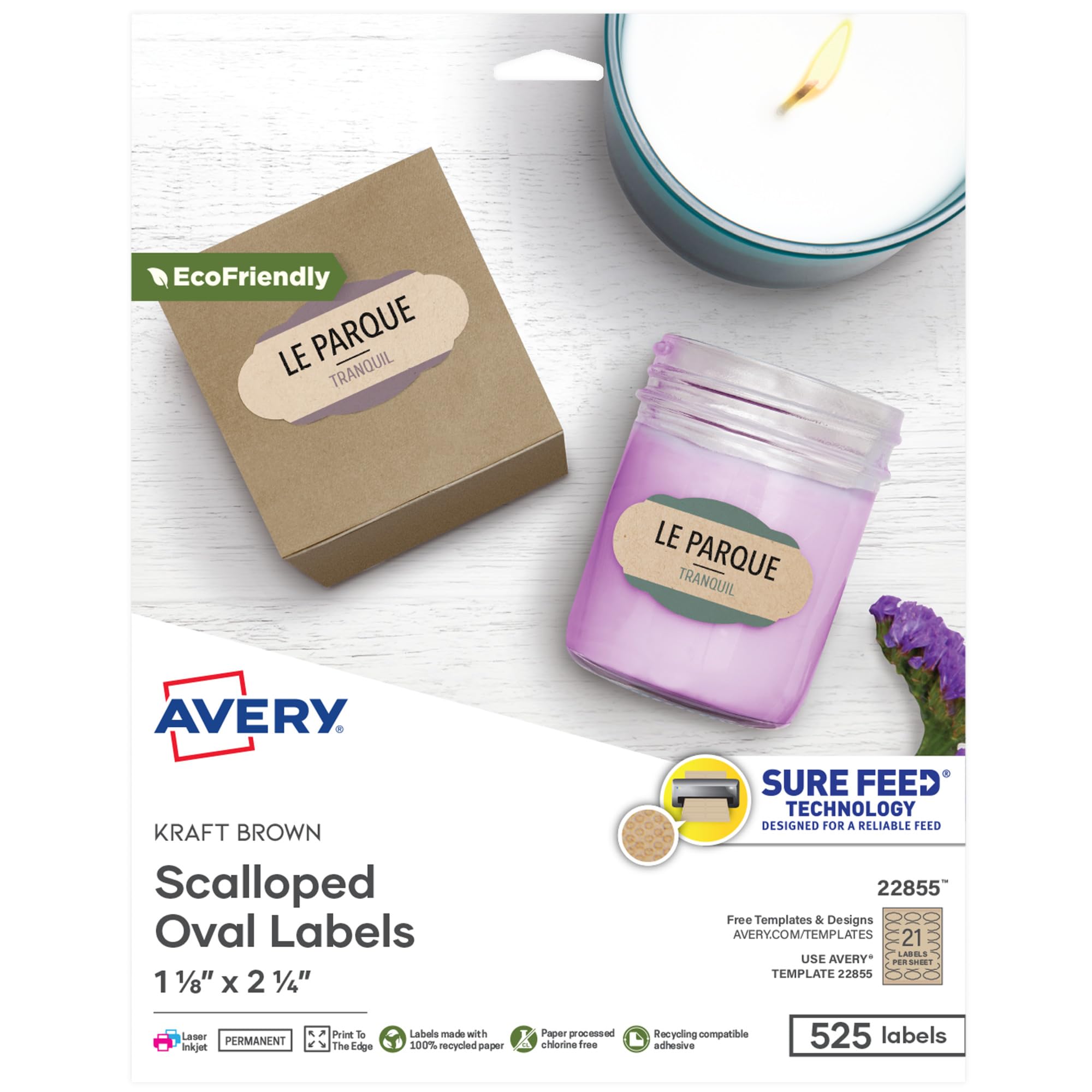 AveryScallop Oval Labels For Laser & Inkjet Printers, 2-1/4" X 1-1/8", 525 Kraft Brown Labels (22855) (Packaging May Vary)