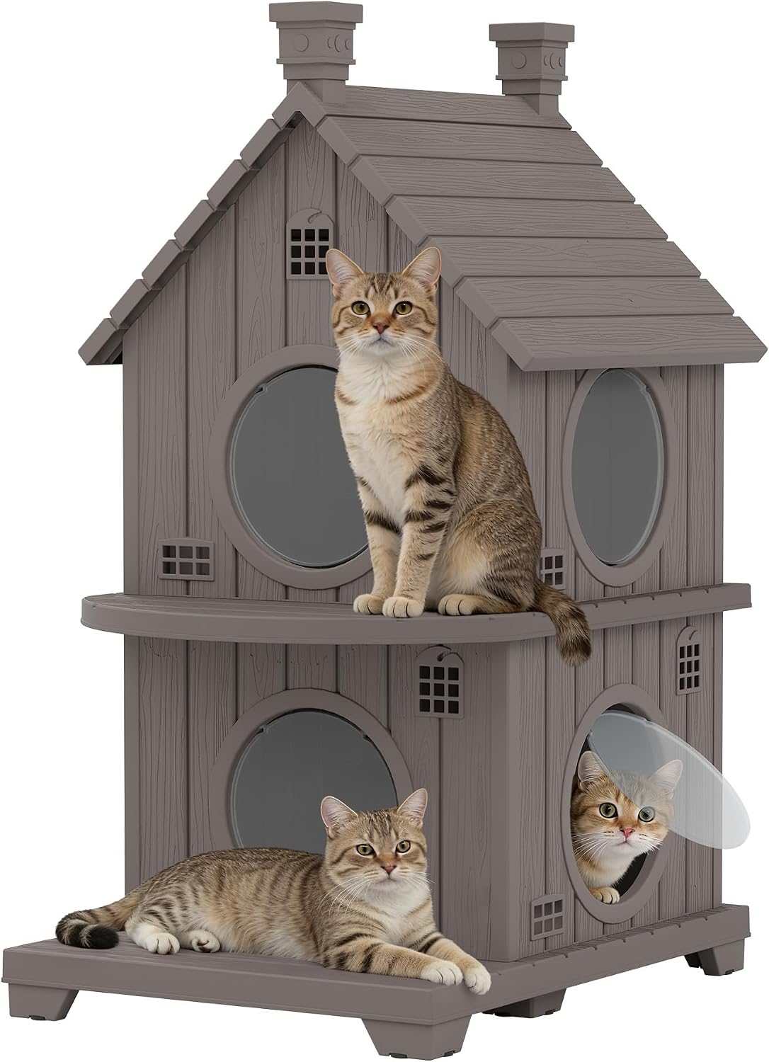 Outdoor Cat House Weatherproof, Durable Resin Cat Houses for Outdoor Indoor Cats, Litter Box Enclosure with Elevated Base, Anti-Slip Pad, Ventilation, Double-Story, Taupe Grey