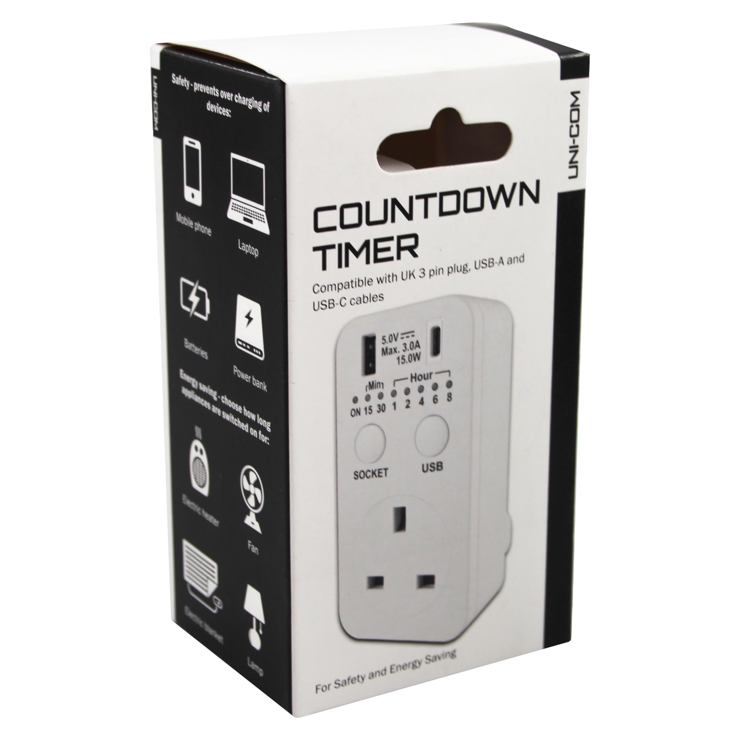 Uni-Com Countdown Plug-in Timer, UK 3 Pin Plug, USB-A & USB-C Sockets, Energy Saving - Image 3