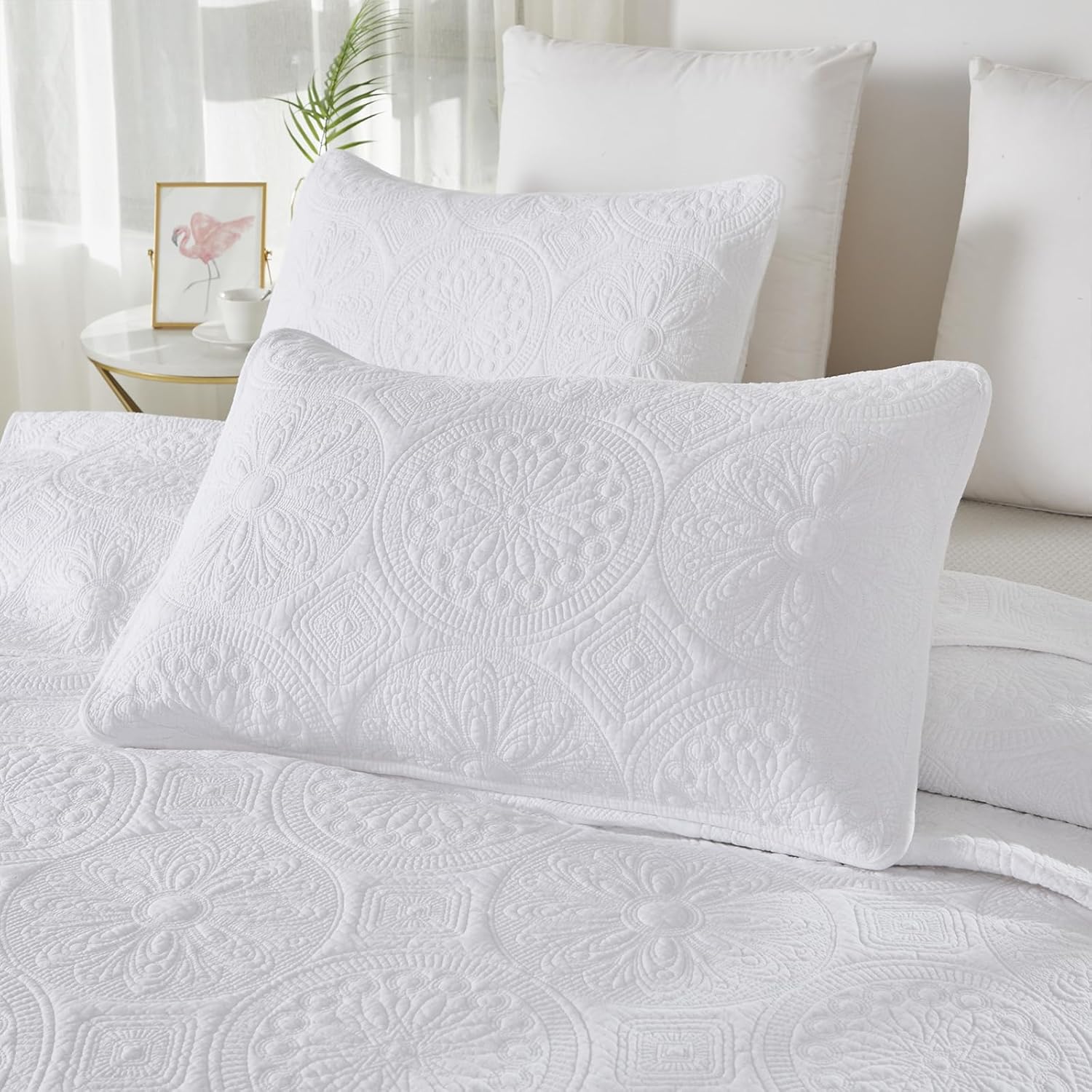 Brandream Luxury Medallion Quilt Bedding Set King Size Cotton Farmhouse Comforter Set Queen Size Bedspread Matelasse Coverlet Set (White) - Image 4