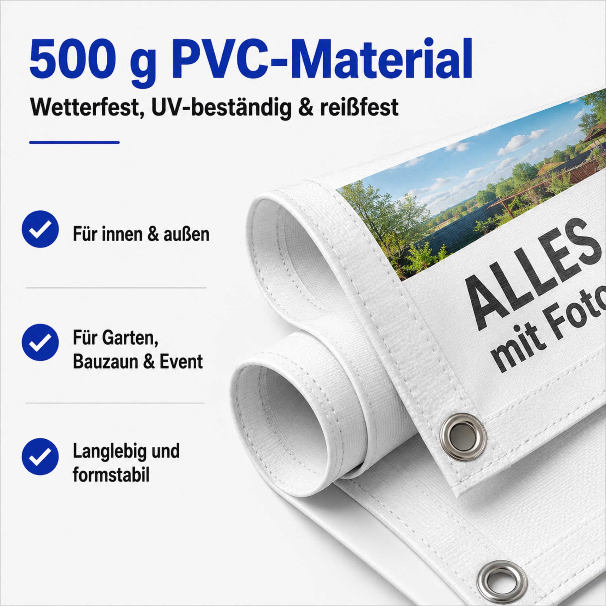 Indigos UG - Banner selbst gestalten - Plane Wasserdicht Gerüstplane - 200x66 cm - mit Wunschtext & Foto - für Baustelle, Garten, Zaun, Konzert, Gerüst - Saum - Ösen - bedruckt